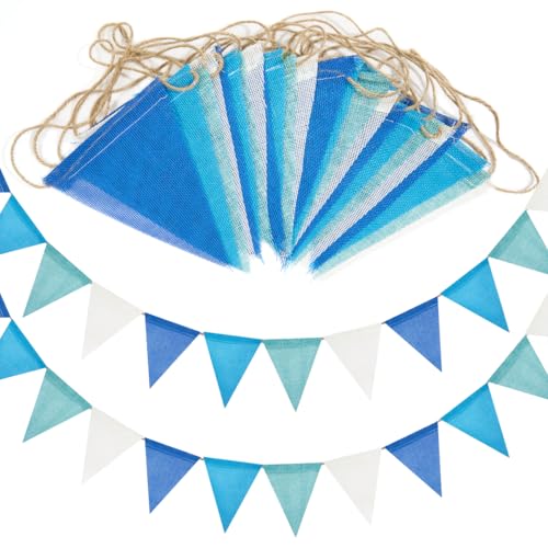 10M Blue Bunting Banner 24pcs Outdoor Waterproof Triangle Flags Pennant Bunting Imitated Linen Burlap Bunting for Party Banners Party Decorations