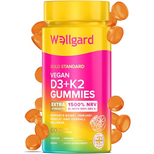 Wellgard Vegan Vitamin D3 K2 Gummies for Adults - Extra Strength D3 3000 IU (1500% NRV) & K2 Bone Muscle & Immune Support Orange Flavour 60 Vegan Gummies Gluten Free