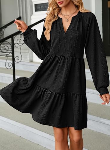 Dokotoo Womens Fall Dresses For Women 2024 Long Sleeve V Neck Textured Casual Elegant Tiered Ruffle A-Line Swing Mini Babydoll Dress Solid Color Wedding Guest Party Short Cute Dresses Black Large thumb #2