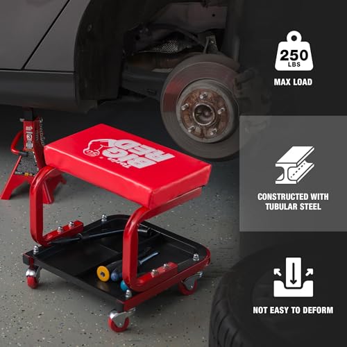 Image of Big RED Rolling Mechanic Stool | 360 swivel casters; 250-lb steel frame; 3-zone tool tray; 14 inch waterproof padded seat; for garages, auto shops & DIY