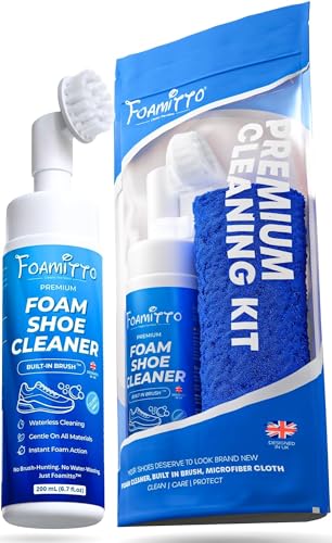 Foamitto Shoe Cleaner Kit 200ml Waterless Foam Trainer & Sneaker Cleaner with Built-In Brush & Microfiber Cloth | For Mesh Leather Canvas Knit Rubber PU & EVA
