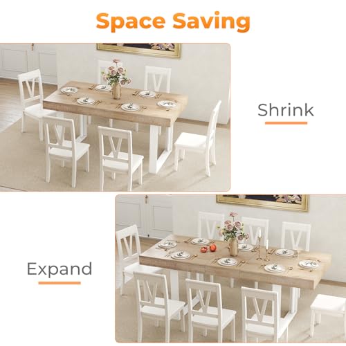 Zevemomo 63\"-78.7\" Expandable Dining Table, 6-10 Farmhouse Kitchen Table, Extendable Dining Table, Rectangular Kitchen Table with Metal Track, Tapered U-Shaped Legs for Dining Room, Office-Oak - Thumbnail 3