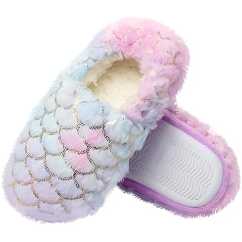 BEARAE Girls Slippers, Mermaid Princess Toddler Slippers, No-Slip Comfy Kids Slippers, Memory Foam House Shoes, Cute Faux Fur Slip-On House Slipper Cover