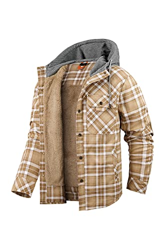 EUSMTD Herren Beiläufig Plaid Fleece Baumwoll Hoodie Shirt Jacke mit Plüschfell Innenfutter 3252 Khaki L Cover
