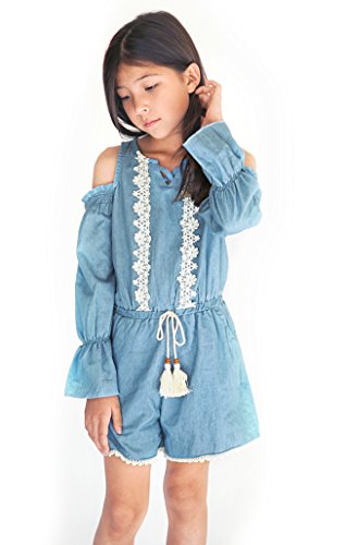 Smukke, Big Girls Vintage Lace Trimmed Cold Shoulder Washed Long Sleeve Denim Romper With Pockets, 7-16 (12, Blue Multi) #TOP2