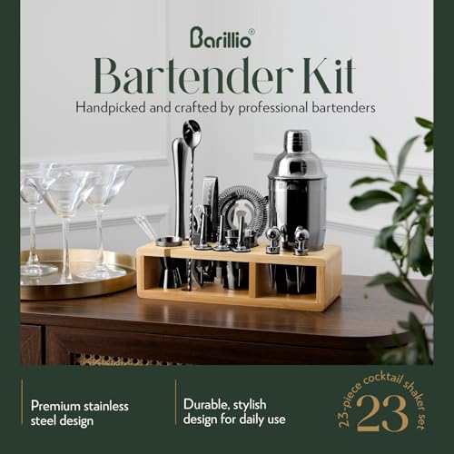 Barillio Elite 23 Piece Bartender Kit with Stainless Steel Shaker with Bamboo Stand, Velvet Carry Bag and Recipe Book 23 pcs Bar Set with Stand Black