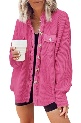 Yanekop Shackets for Women 2025 Waffle Knit Tops Long Sleeve Button Down Shirt Fall Jackets Outfits Corduroy Jacket(Hot Pink,M)