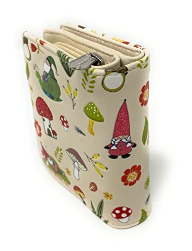 Shag Wear Gnome Forest Small Wallet for Women and Teen Girls Multiple Gnomes Mushrooms Plants Vegan Faux Leather Beige 4.5"2
