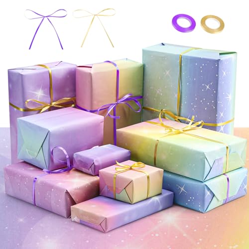 Candcamp Birthday Wrapping Paper Set, 8 Pcs Rainbow Gradient Colour Gift Wrapping Paper with 2 Roll Satin Ribbon for Women Girl, 50 x 70CM Recyclable Gift Wrap Paper for Birthday, Party, Wedding
