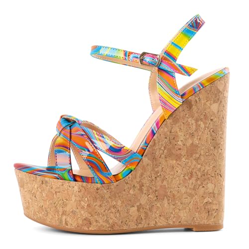 Mettesally Femmes Pente Talon haut Cheville Lacets Plateforme Peep Toe 15cm Sexy Sandales Chaleur Multicolore EU 38
