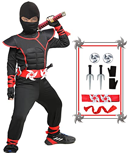 Doxrmuru Ninja Costume for Boys Halloween Kids Muscle Ninja Costume Halloween Cosplay Ninja Costume with Mask (Black, 10-12 Years)