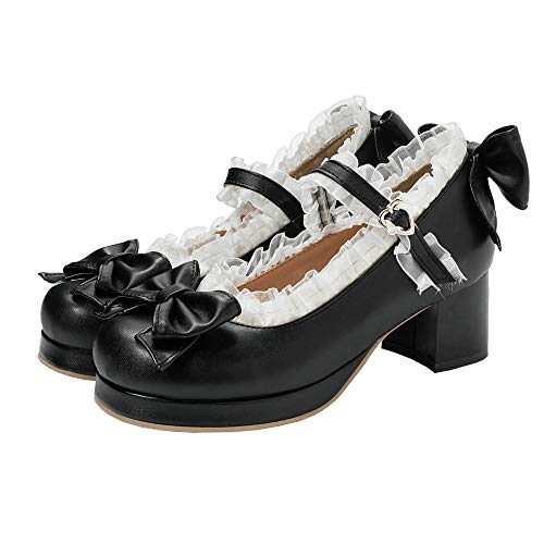 Image of LUXMAX Women Kawaii Mid Block Heel Mary Jane Rockabilly Pumps with Bow Platform Chunky Heel Cute Sweet Shoes