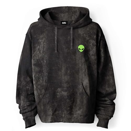 DALIX Alien Embroidered Fleece Hoodie Mineral Wash Long Sleeve Sweatshirt Mens