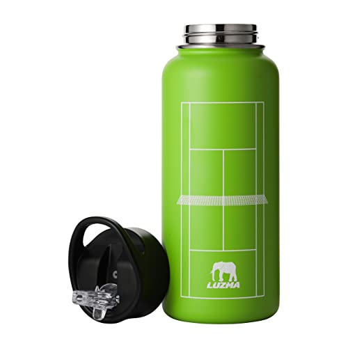 Luzma Luxury Water Bottle For Tennis, 32 Oz, 18/8 Stainless Steel And Double Wall Insulation. Straw Lid, Leak Proof. Sport, Tennis. Thermo Mug, Metal Canteen (Green) (Green) #TOP6