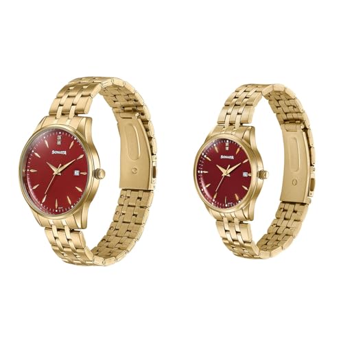 Image of Sonata Jashn with Quartz Analog Red Dial Gold Strap Men and Women (Pair) Wedding Watch - 7721087125YM03