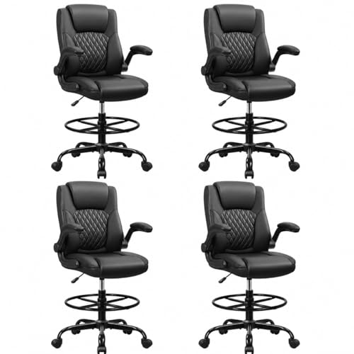 Image of Drafting Chair, Tall Office Chair for Standing Desk, High Executive Leather Ergonomic Computer Chair with Adjustable Height and Flip-Up Armrest for Counter Height Desk, Black, Pack of 4