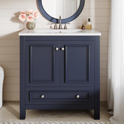 Tribesigns Modern Bathroom Vanity with Sink, Freestanding Bathroom Vanities Cabinet with Ceramic Basin Combo, Bathroom Sink Cabinet with 2 Doors and 1 Drawer, Solid Wooden Frame (Navy Blue, 30 INCH)