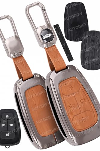 Image of Zinc Metal Alloy Leather Car Key Cover & Case Brown with Keychain & Holder fit for TATA Nexon, Punch, Altroz, Tigor, Harrier, Safari, Gravitas (4 Button Push Smart Key)