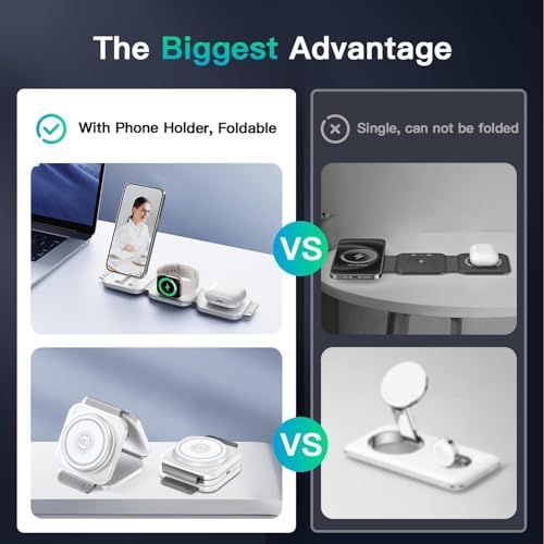 Image of JARGO 3 in 1 Wireless Charging Station for Apple Devices, Foldable iPhone Charging Station for iPhone 17 /16 /15 /14 /13 /12, Apple Watch & AirPods with Magsafe, Travel Essentials Wireless Charger (White)