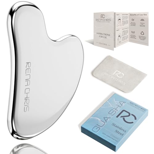 Rena Chris Edelstahl Gua Sha Stein, Guasha Stein für Kieferlinien-Straffung und Reduzierung von Gesichtsschwellungen, Hautpflege-Geschenk – Silber