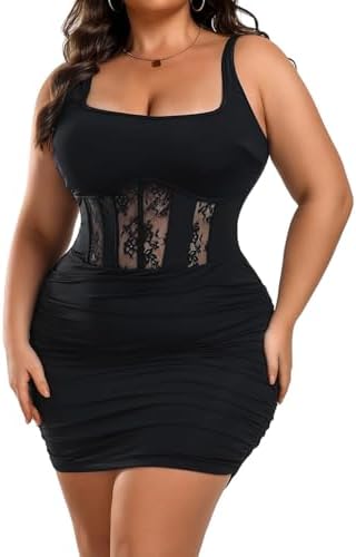 Women's Plus Size Sexy Ruched Bodycon Dress Sleeveless Square Neck Club Party Dresses