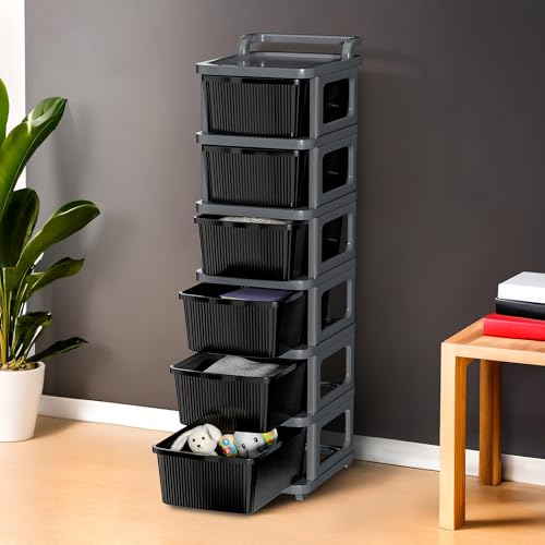 Kuber Industries 6 Layer Heavy Duty Plastic Storage Drawer with Wheels | Modular Cabinet for Bedroom, Office, Home | Chest of Drawers Organiser for Cosmetics, Kitchen items, Toys | Grey & Black