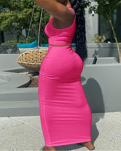 Image of Women Sexy Two Piece Skirt Outfits Long Sleeve /Sleeveless V Neck Bodycon Ribbed Knitted Maxi Club Party Dress