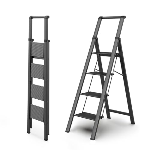 WOA WOA 4 Step Ladder, Ladders for Home, Anti-Slip Pedals, Aluminum Step Stool Foldable, Lightweight to Move, Ease of Storage, Reach 9ft for Closet Kitchen Library, Hold 300lbs - Black