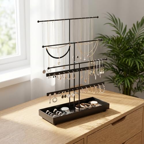 Image of ecofynd 5-Tier Metal Jewelry Organizer Stand with 3 Hanger & 24 Earring Holes,16-Inch Holder for Earrings, Necklaces, Bracelets & Rings, Space-Saving Display for Vanity & Dressing Table (Black, JS011)