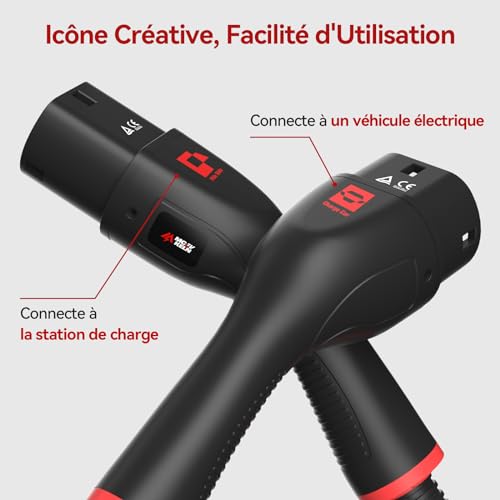 mcevkeln câble type 2 câble de recharge voiture Électrique et hybride 22kw triphasé |32a |5 mètre | type 2 à type 2 câble ev chargeur compatible avec e 208, model y/3, zoe, kona ev etc