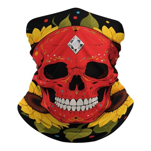 Red Skull & Yellow Sunflowers Neck Gaiter Face Cover Scarf, Breathable Sun Balaclava for Skiing Fishing Hiking Cycling