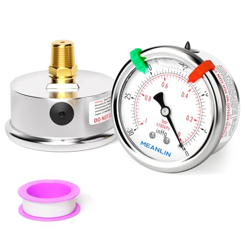 MEANLIN MEASURE -30inHG~0Psi Vacuum Pressure Gauge 1/4" NPT 2.5" FACE DIAL, Stainless Steel Liquid Filled Pressure Gauge WOG Water Oil Air Center Back Mount (with 2PCS Snaps)