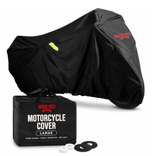 Badass Moto Ultimate Motorcycle Cover Waterproof Outdoor Heavy Duty Durable All Season Storage Harsh Weather Sun Rain Cover fits Harley Davidson Street Glide Vulcan Shadow Cruiser Bikes. Large 97L