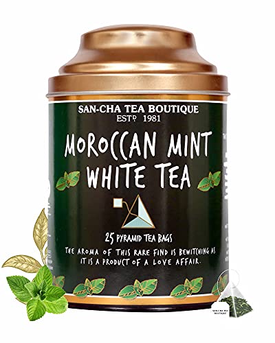 Image of Sancha Tea Boutique, Moroccan Mint White Tea, 25 Pyramid Bags, Rich in Antioxidants, Spearmint Blend, Silver Needles, Supports fight against PCOS /PCOD