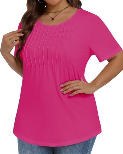 Image of Plus Size Tops for Women Pleated Summer Top Trendy Short Sleeve Shirts Casual Basic Tee Crew Neck Blouses 2026