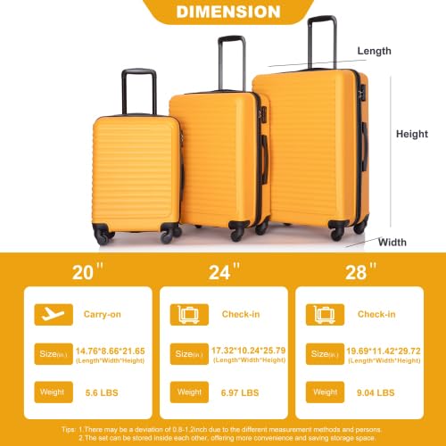 3-Piece ABS Hardside Luggage Set, 20/24/28 Inch Spinner Suitcases with TSA Lock, Telescoping Handle, 360° Wheels (Orange)2