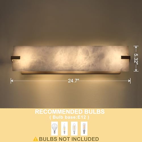 Image of 24.7 inch Natural Square Alabaster Marble Modern Concise 2 Pack 2 Light Wall Sconce Fixture,Oil Rubbed Bronze Finish for Bathroom Bedroom Hallway Bedside Staircase Vanity Mirror