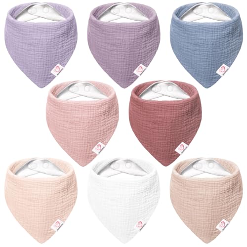 Image of Bearmoss Muslin Baby Bibs 8 Pack Soft Bandana Bibs for Drooling & Teething, Absorbent Burp Cloths with Adjustable Snaps