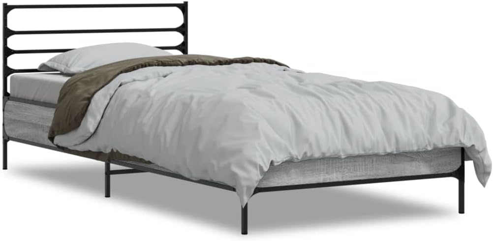 Disassembled vidaXL Sonoma Grey Bed Frame components, showing the headboard, side rails, and footboard