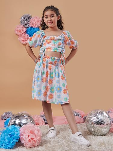 Image of PS PEACHES Girls Polyester Square Neck Half Sleeves White Skirts Set