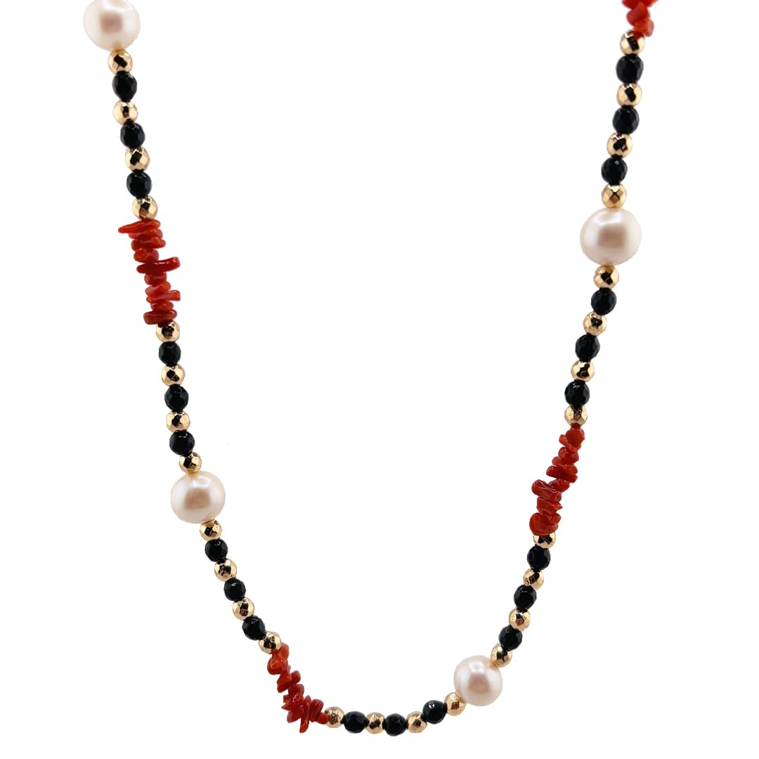 Generico Collana lunga 80 cm sfere in onice nero cupolini in corallo rosso naturale del Mediterraneo ematite e perla naturali di acqua dolce gioiello artigianale da donna ragazza