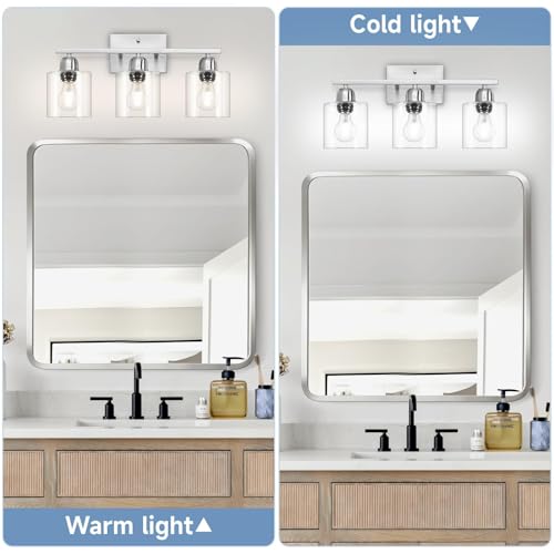 Image of Modern Brushed Nickel 3 Light Bathroom Light Fixtures,19 inch Vanity Lights For Bathroom With Clear Glass, Bathroom Lighting Fixtures Over Mirror For Mirror Kitchen Living Room Hallway Cabinet Porch