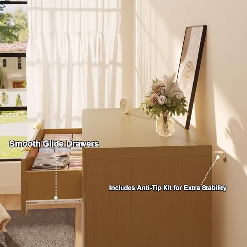 Image of Natural Oak Dresser with 5 Deep Drawers, 47 inch Tall Fluted Chest of Drawers, Round Edge, Modern Vertical Dresser, Wooden Storage Organizer Cabinet for Bedroom, Living Room, Entryway, Hallway