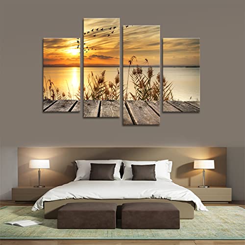 Noah Art-Rustic Seascape Wall Art Canvas Prints, Dawn On The Lake Shore Landscapes Pictures Sunset Artwork Ocean Art Print On Canvas, 4 Piece Stretched Canvas Wall Decor For Living Room #TOP2