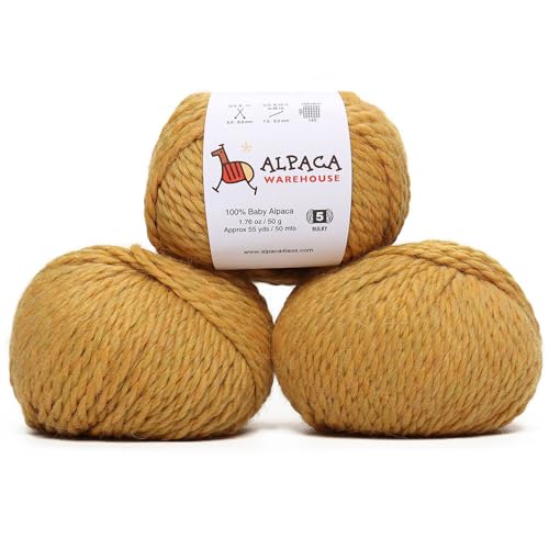 100% Baby Alpaca Yarn Wool Set of 3 Skeins Bulky Weight - Made in Peru - Heavenly Soft and Perfect for Knitting and Crocheting (Golden Yellow, Bulky)