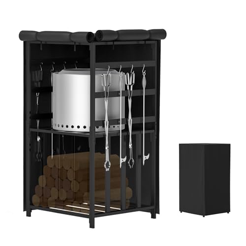 SafBbcue Storage Station 4.5 ft for Solo Stove Yukon Bonfire Ranger, for HGD and More Fire Pit Stoves, Firewood Storage Cabinet with Cover, Adjustable Firewood Rack for Logs and Fire Pit Accessories