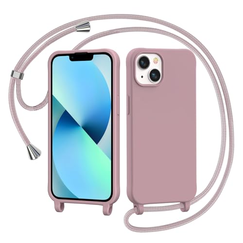 AOMYKE Cover per iPhone 13 / iPhone 14 con Cordino, Custodia con Laccio Collana Tracolla Collo Liquido Silicone Antiurto TPU Antiurto AntiGraffio Case - Rosa
