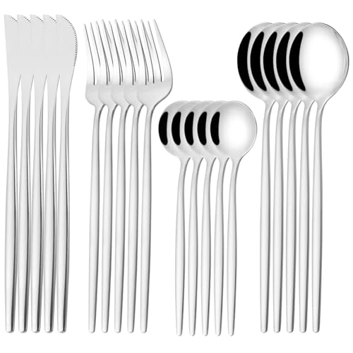 Image of 20 pcs Flatware Set, Silver Silverware Set for 5, Knife Fork Spoon, Stainless Steel Home Dinnerware Tableware,Mixed Cutlery Set Eating Utensils for Restaurants (20 Pcs Silver)