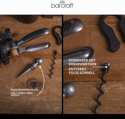 Foto von BarCraft Hebel-Korkenzieher und Weinflaschenöffner, mit Flaschenverschluss, Folienschneider und Ersatz-Antihaft-Schnecke, Metal Shimmer, 1 Set mit Präsentationsbox