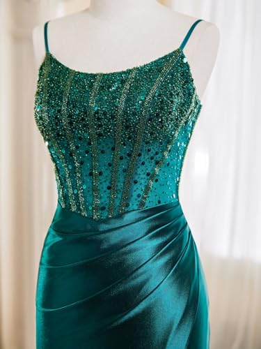 FreeBeauty Silk Satin Prom Dresses for Women 2025 Beaded Applique Spaghetti Straps Mermaid Formal Evening Gowns with Slit2